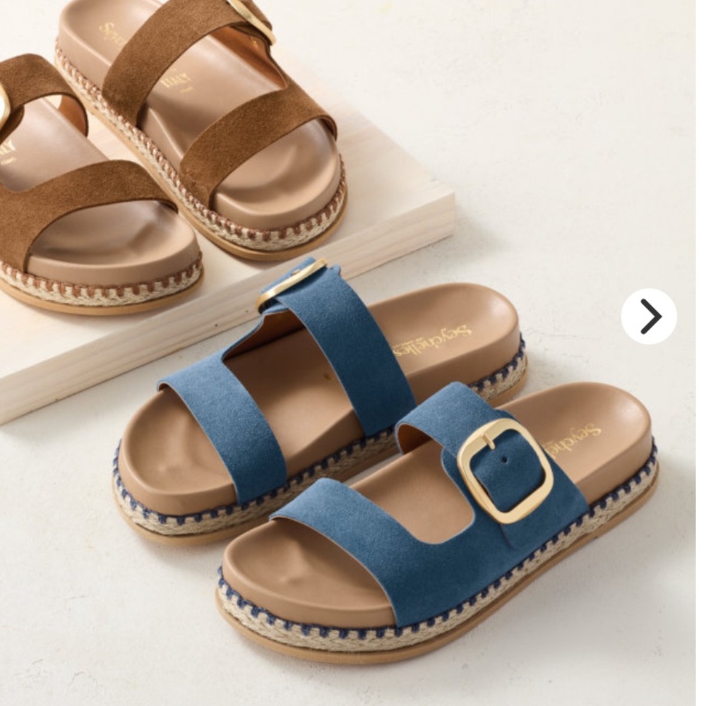 Seychelles Getaway Sandal in blue suede with gold buckle